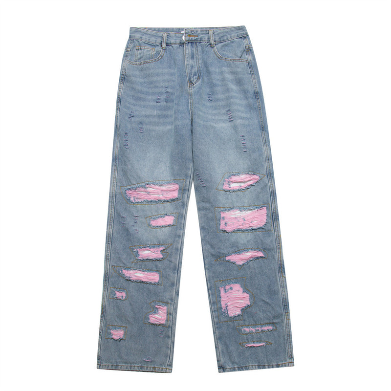 Men Jeans Hole & Patch Embroidery Loose All-Match
