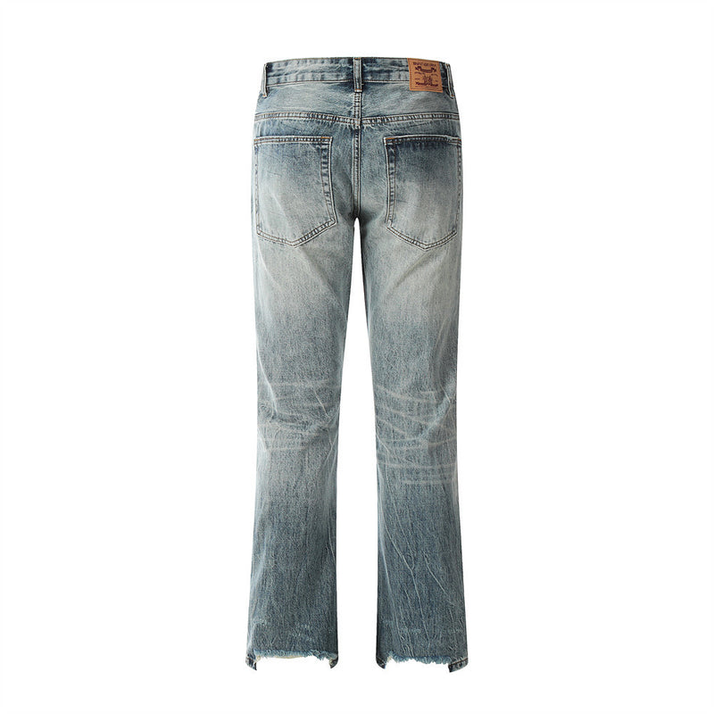 Men Jeans Ripped Bell-Bottom Pants Retro Distressed Cardigan with Buttons