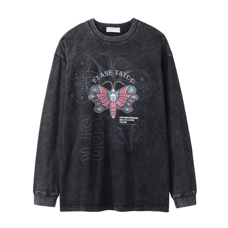 Men Long Sleeve T-Shirt Moth Print Distressed Loose