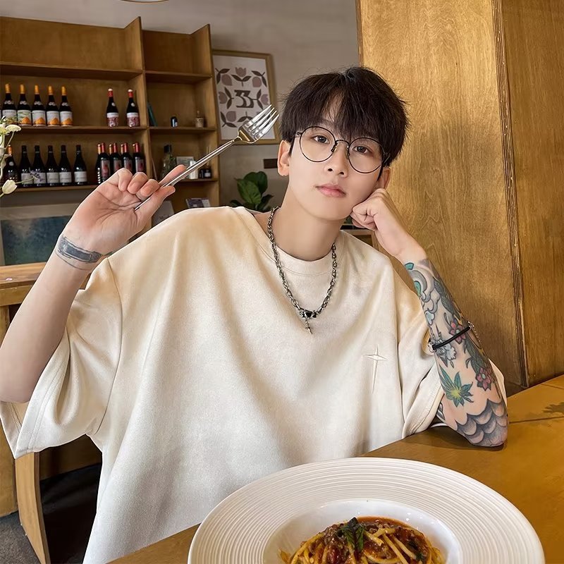 Men T Shirt Vintage Men's Summer Suede Loose