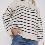 Women Work Business Casual Sweaters Half Zip High Collar Loose Striped Knitted Sweater