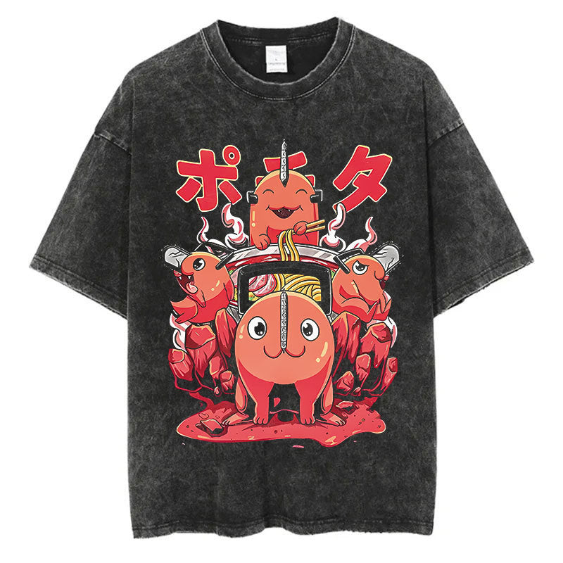Anime Chainsaw Man Washed TShirt Men Streetwear