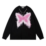 Men Long Sleeve T-Shirt Butterfly Printed Cotton Leisure Chain Decoration