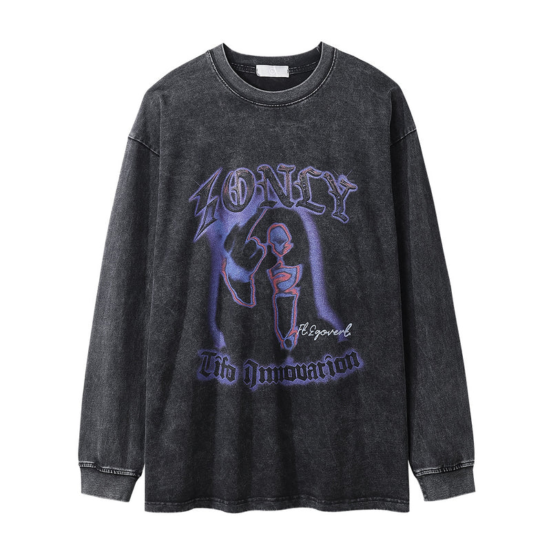 Men Long Sleeve T-shirt Abstract Printing Rock Washed Distressed T-shirt