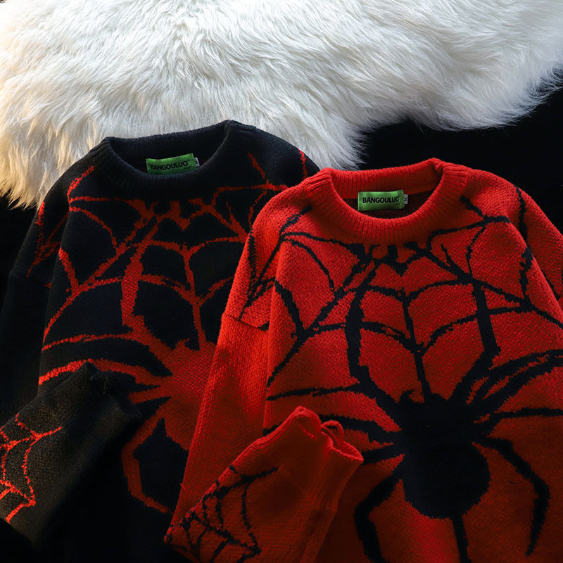 Women Sweater Spider Contrast Color Jacquard Knitted