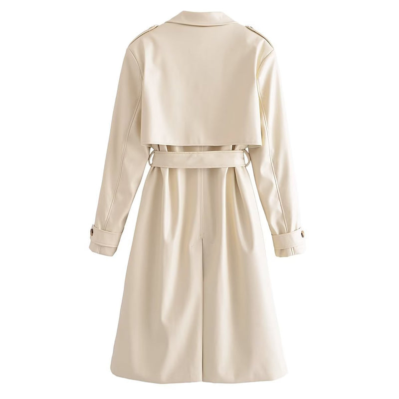 Women Trench Coat PU Leather Trench Coat Mid-Length Trench Coat