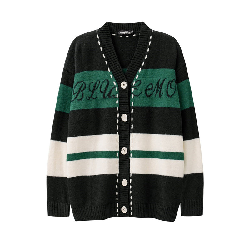 Men Sweater Patchwork Stripes Knitted Cardigan Sweater