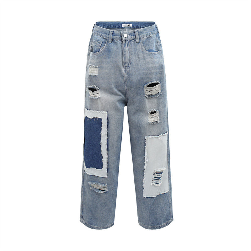 Men Jeans Hole & Patch Personality Stitching Loose
