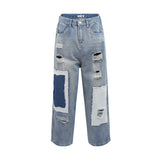 Men Jeans Hole & Patch Personality Stitching Loose