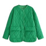 Women Cotton Coat Fashion Collarless Diamond Lattice Loose