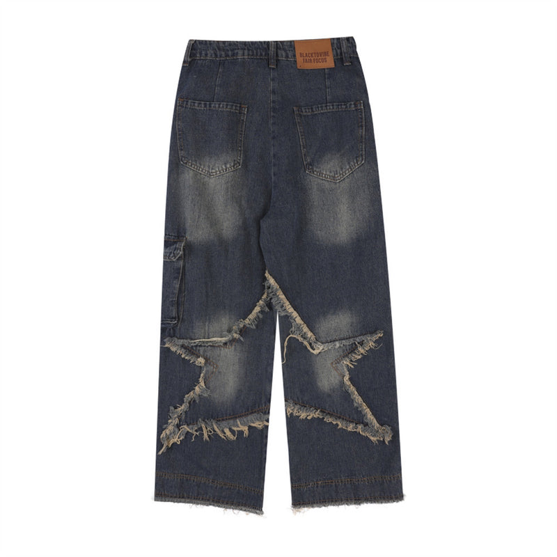 Men Jeans Patch Five-Pointed Star Straight Cat Raw-Cut Edges Loose