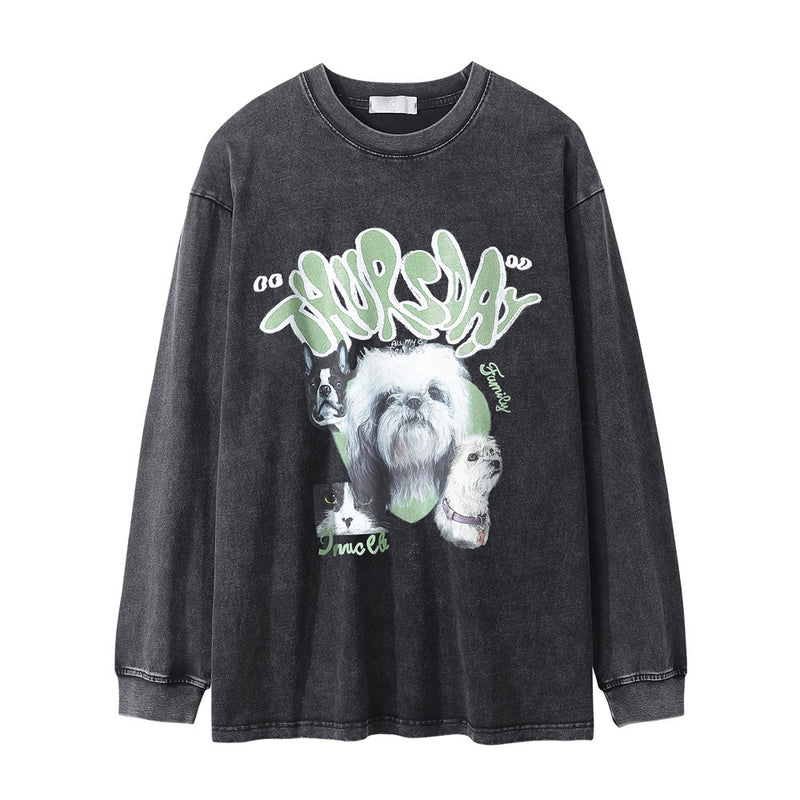 Men Long Sleeve T-Shirt Dog Print Loose round Distressed