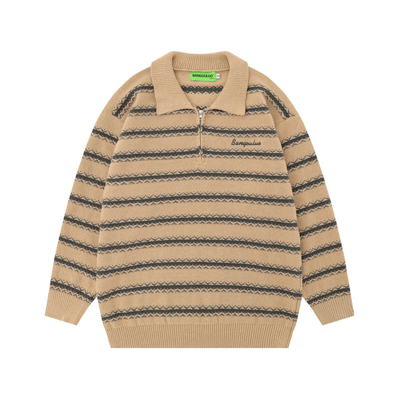 Men Sweater Striped Fur Lapel Clothing Loose Casual