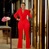 Women Co-Ords V-neck Long Sleeve plus Size Jumpsuit