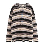 Women Sweater Striped Openwork Knitted Top Vintage