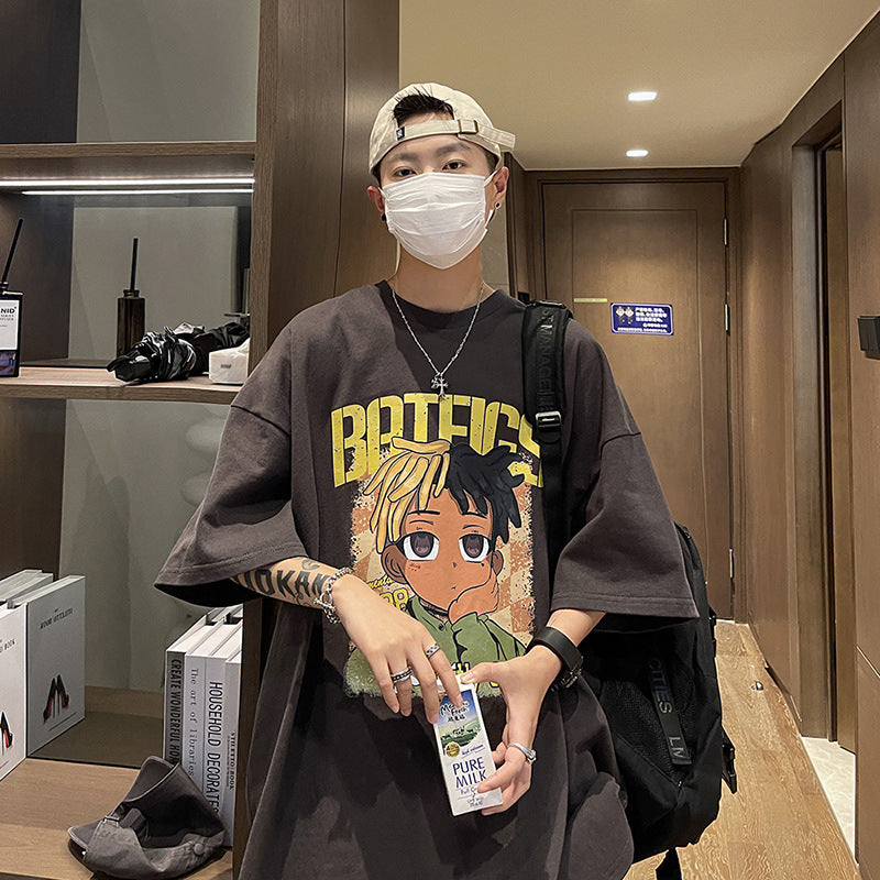 Men T Shirt Cartoon Print Summer Loose All-Matching