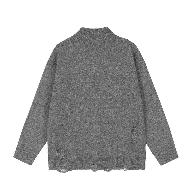 Men Sweater Stand Collar Cardigan Sweater Ripped