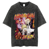 Anime Chainsaw Men Washed Tshirt Retro Hip Hop Streetwear