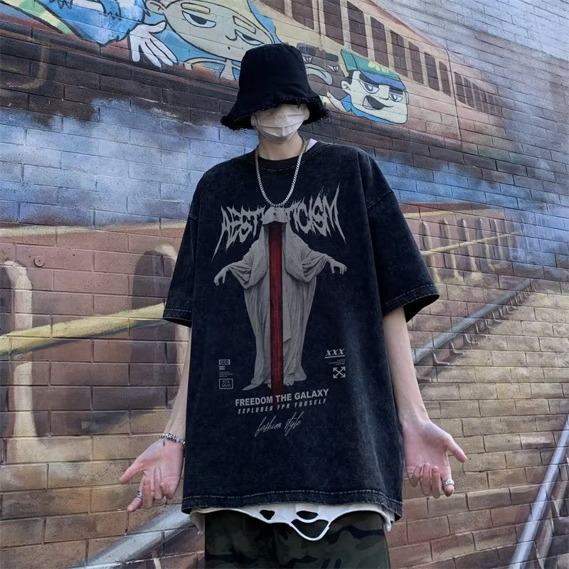 Men T Shirt Vintage Distressed Heavy Loose