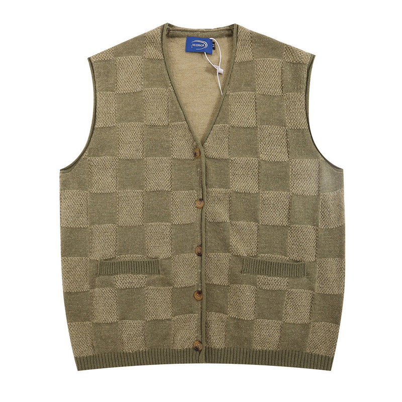 Men Sweater Chessboard Plaid Jacquard Cardigan Sweater Sleeveless
