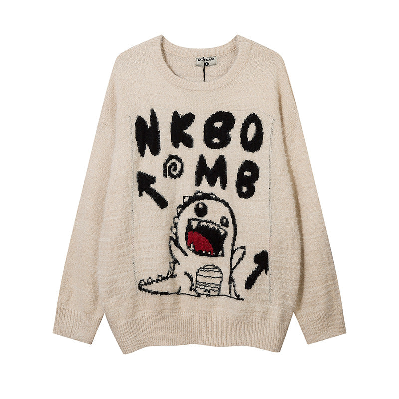 Men Sweater Cartoon Dinosaur Embroidery Velvet Sweater