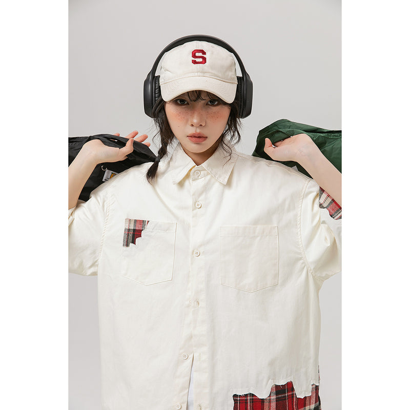 Unisex Shirt Retro Patchwork Plaid Loose Cardigan Summer