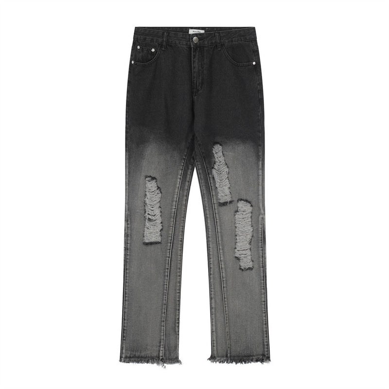 Men Jeans Gradient Color Loose Hole Burr