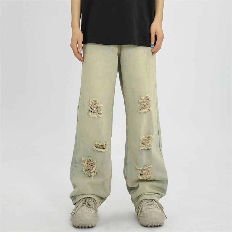 Men Jeans Retro Tattered Jeans Wash Loose