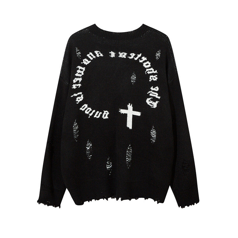 Women Sweater Cross Ripped Vintage Knitted Top