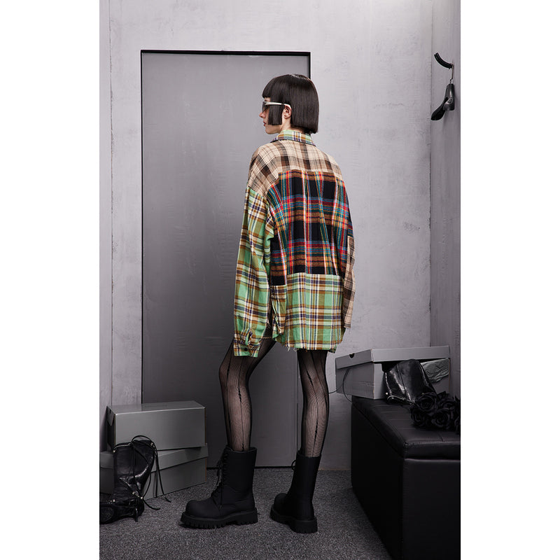 Unisex Shirt Casual Long Sleeve Distressed Stitching Plaid