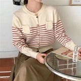 Women Knitted Cardigan Vintage Stripe Knitted Cardigan Sweater