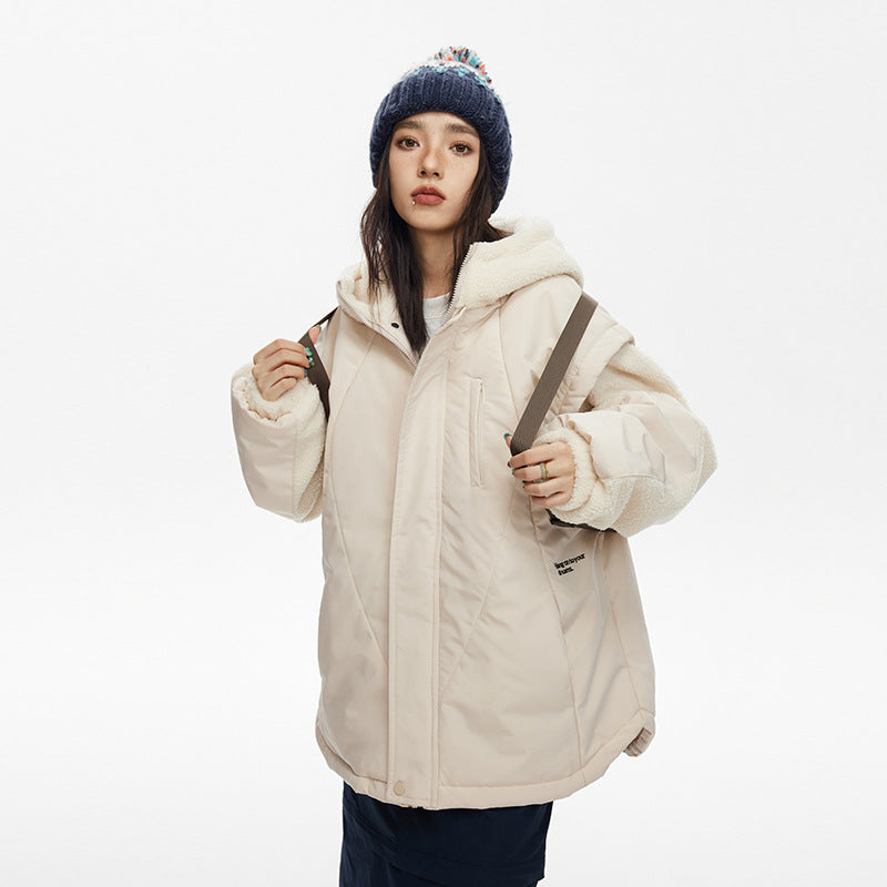 Unisex Coat Stitching Lamb Wool Warm and Loose Cotton-Padded Coat