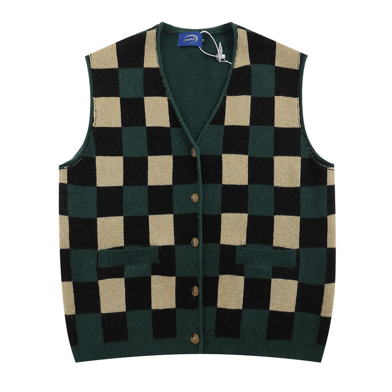 Men Sweater Plaid V-neck Cardigan Vest Sweater