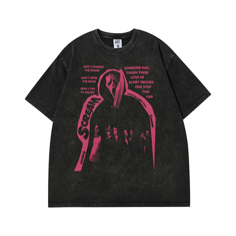 Men T-Shirt Vintage Devil Print Distressed Couple Loose