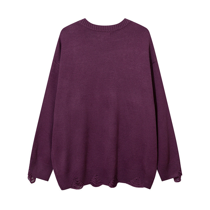 Men Sweater Loose Hole Hook Flower Knitted Sweater