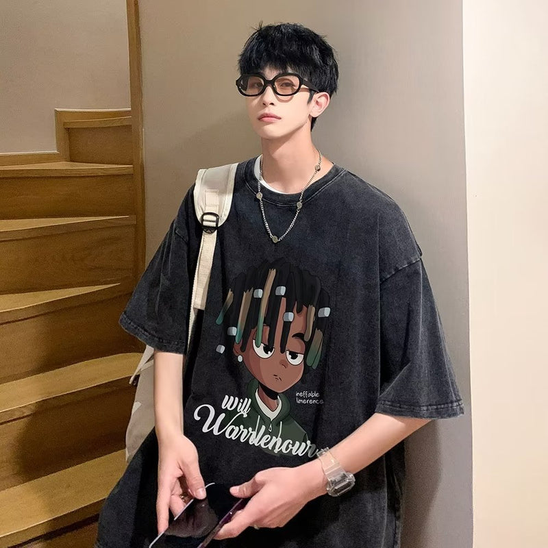 Men T Shirt Summer Retro Heavy Cotton Distressed