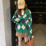 Women Knitted Cardigan Plaid Knitted Loose Vintage