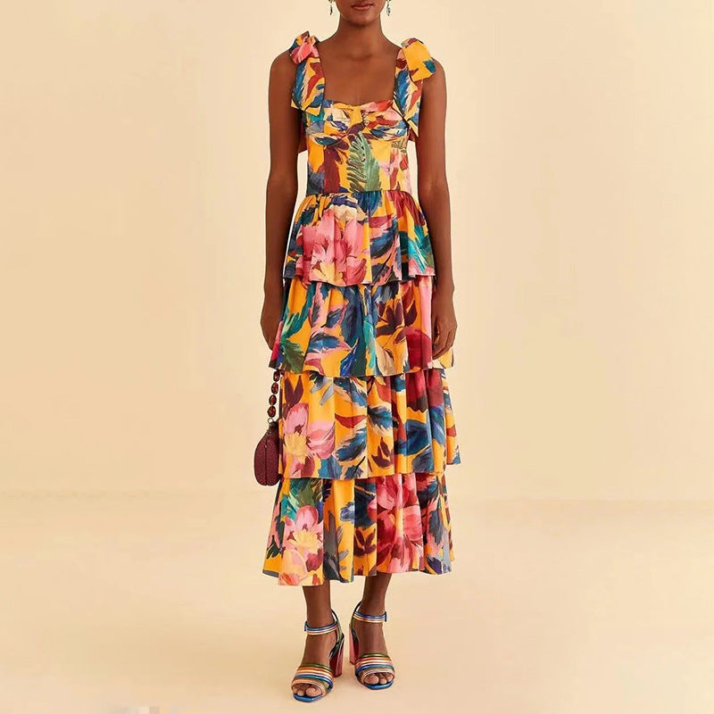 Bohemian Dress Pastoral Style Floral Print Sling Dress