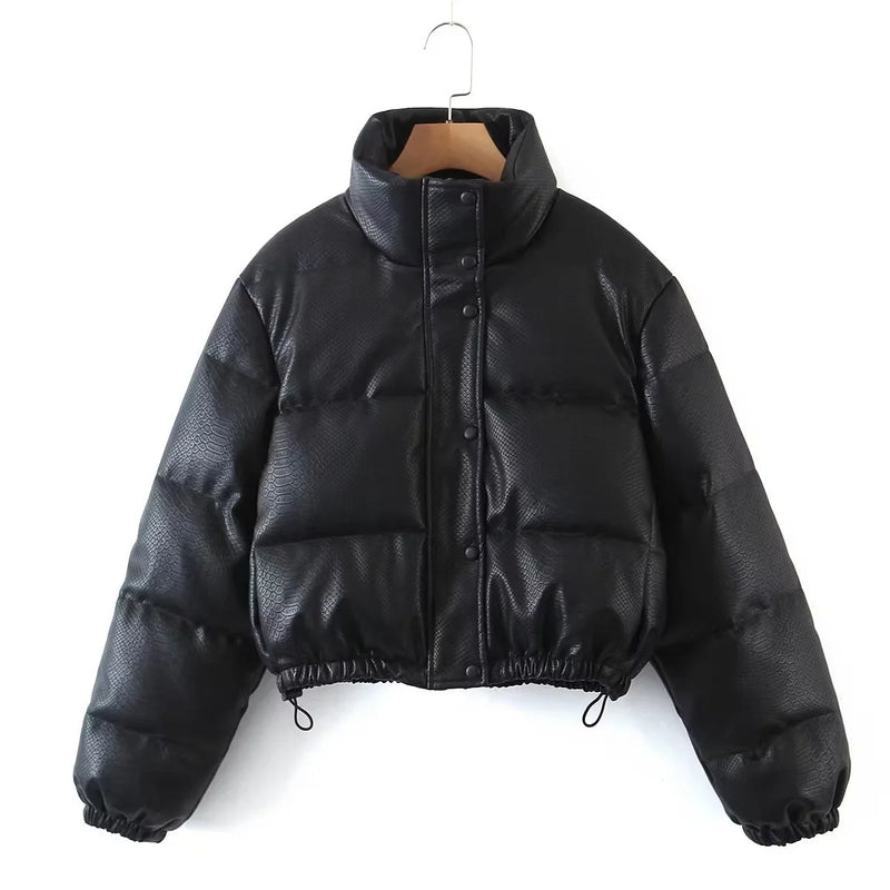 Women Cotton Coat Imitation Leather Jacket Stand-up Collar Thick Slim Fit