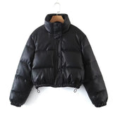 Women Cotton Coat Imitation Leather Jacket Stand-up Collar Thick Slim Fit