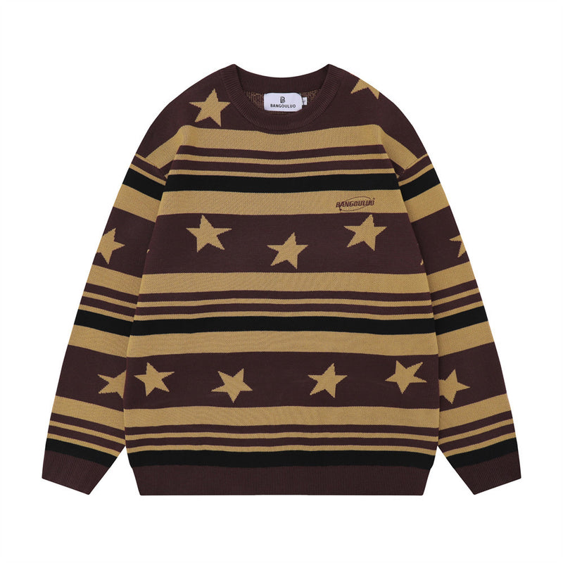 Men Sweater Star Stripes Jacquard Crew Neck Sweater