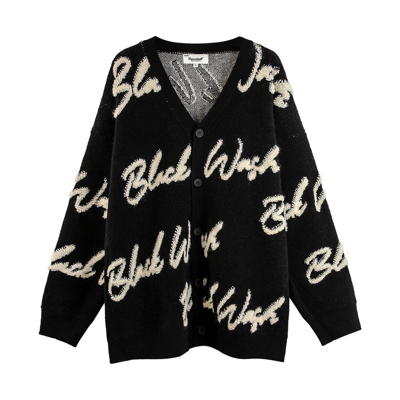 Men Sweater Flocking Embroidered V-neck Knitted Cardigan Sweater
