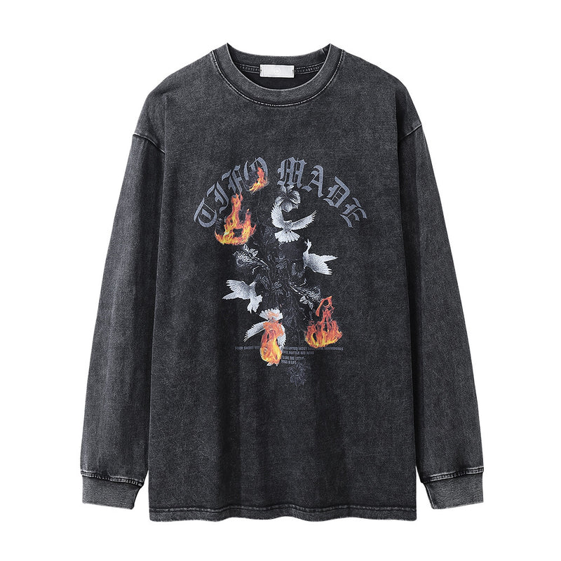 Men Long Sleeve T-shirt Peace Dove Flame Print Distressed
