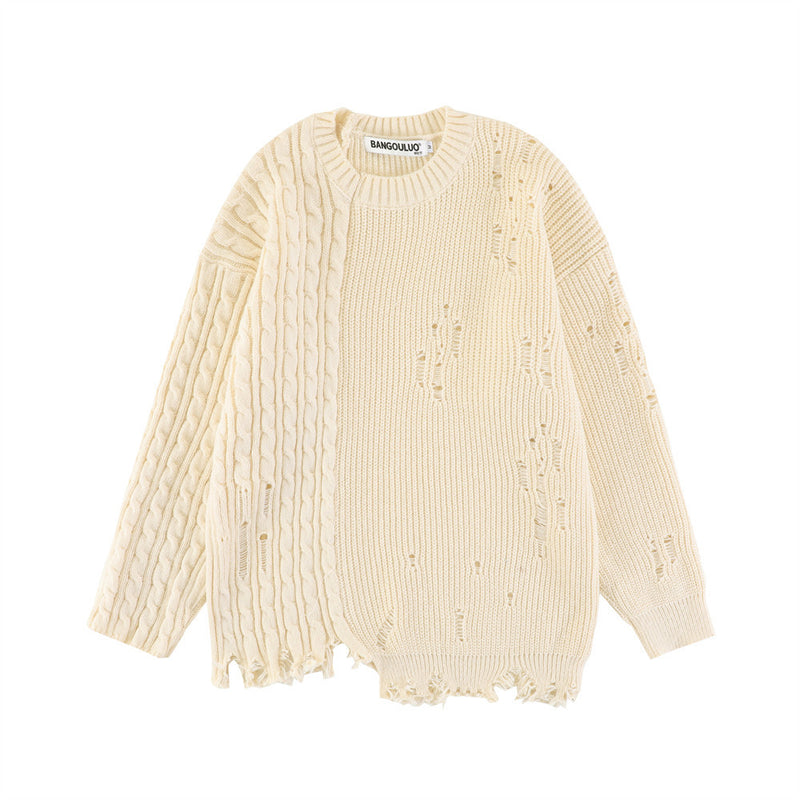 Men Sweater Woven Hole Solid Color Pullover Sweater Hip Hop Loose