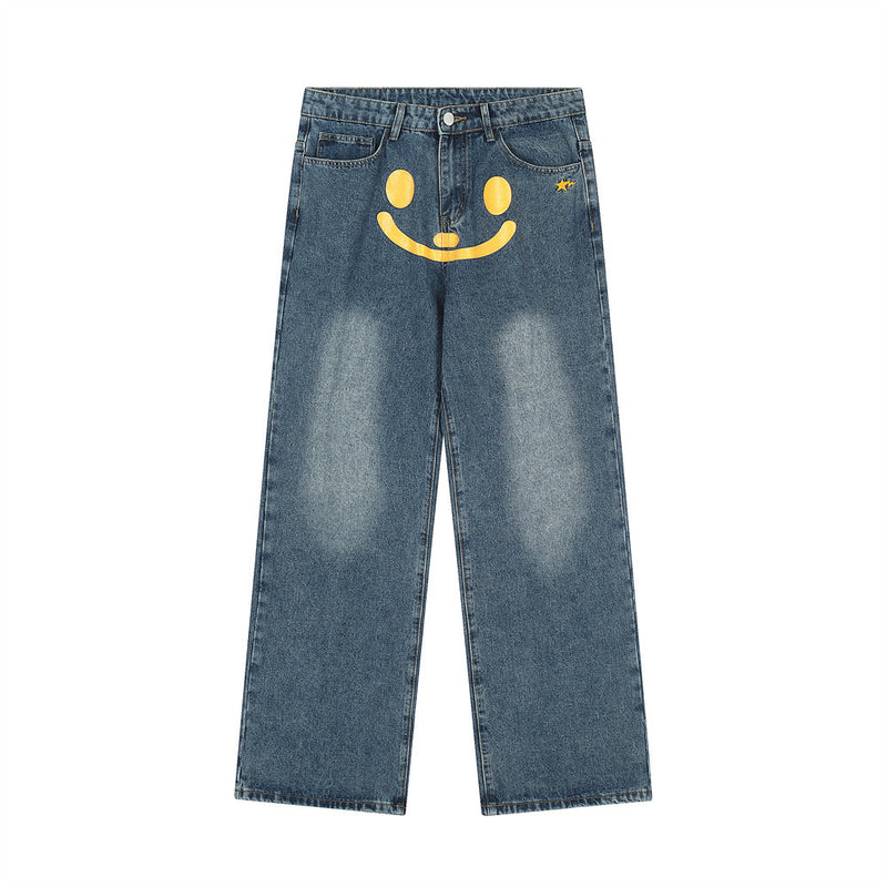 Men Jeans Smiling Face Print Loose