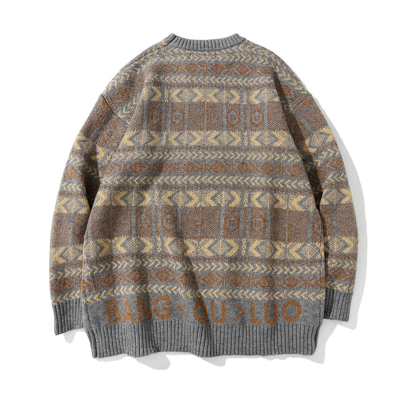Men Sweater Striped round Neck Sweater Retro Loose Sweater