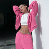 Women Co-Ords Hooded Fleece-lined Pink Sweatshirt Pants Casual