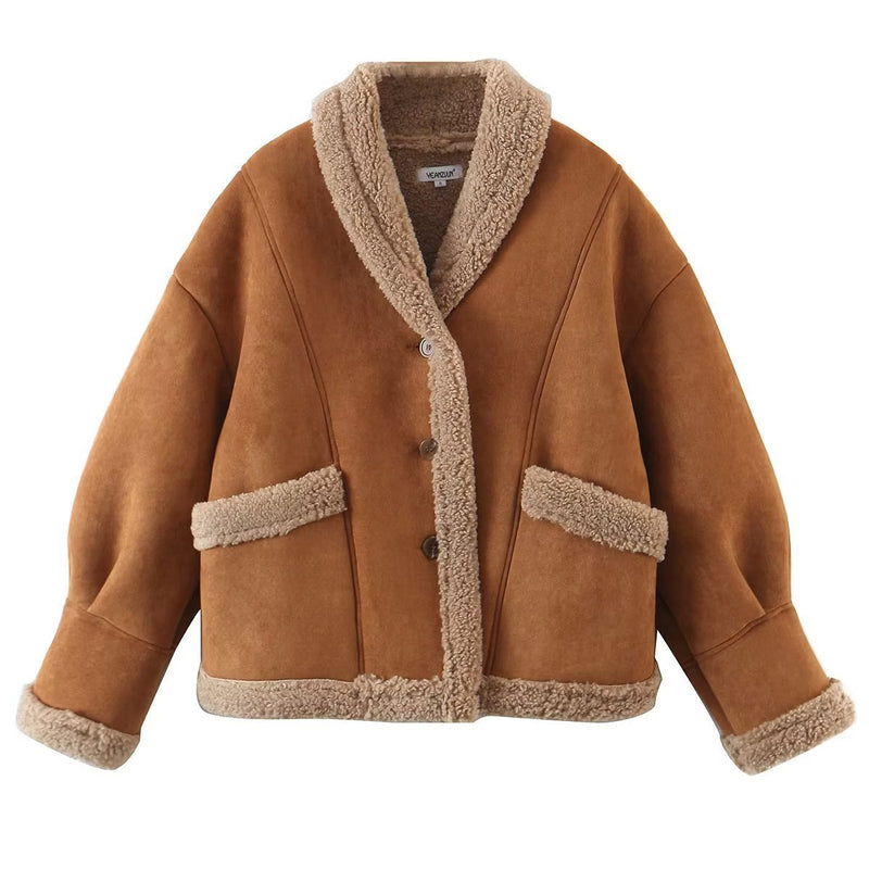 Women Cotton Coat Suede Thick Faux Lamb Fur Coat