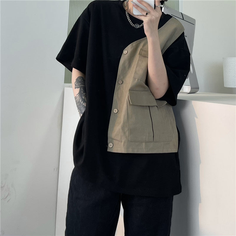 Men T Shirt False Two-Piece Patchwork Irregular