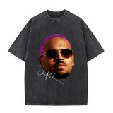 Rapper Chris Brown Big Face Graphic Vintage Washed T-Shirts